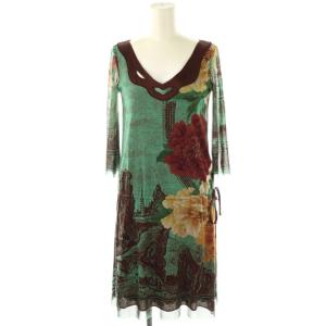 パワーネット フラワープリント ワンピース ひざ丈 七分袖 XS 小豆色 緑 グリーン /AT OS