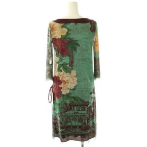 VIVIENNE TAM パワーネット フラワープリント ワンピース ひざ丈 七分袖 XS 小豆色 緑 グリーン /AT OS
