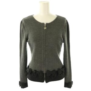 リボン ジップアップ リブニット カーディガン ウール バイカラー 38 グレー チャコール /CX OS