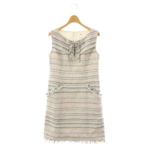 TISSUE ツイード ノースリーブ ワンピース 膝丈 38 ネイビー ホワイト /HK OS