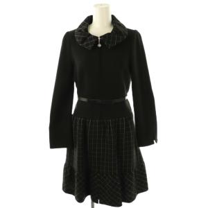 ウール チェック 切替 ジップアップ ワンピース ベルト付き 36 黒 /CX OS