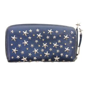 長財布 ウォレット レザー スタースタッズ ラウンドファスナー 青 ブルー /JS