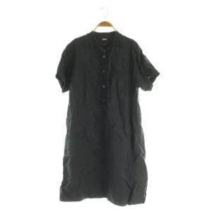 リネン 半袖ワンピース ロング バンドカラー ハーフボタン F ブラック /MY OS