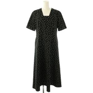 24AW サッカーストレッチフレアワンピース ロング 半袖 ドット 38 ブラック ホワイト /DO OS