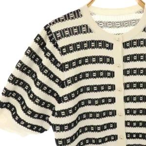 Loulou Willoughby 25SS リボンボーダーニットカーディガン 半袖 2 ホワイト ブラック /DF OS SH