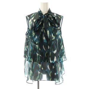 24AW アートプリントティアードボウ ブラウス ノースリーブ 38 グリーン ブラック /HK OS