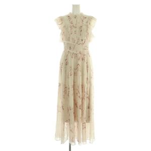 24SS  Sustainaプリントプリーツワンピース ロング ノースリーブ シアー フリル インナー付