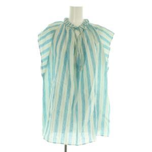 23SS フレンチリネン ギャザーブラウス プルオーバー ストライプ 38 ブルー /MY OS