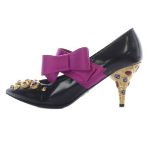 PRADA ビジュー サテン リボン ポインテッドトゥ パンプス ピンヒール 39 黒 ブラック /SR35