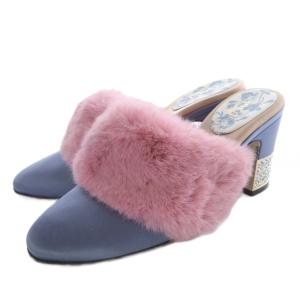ファー付 サテン ビジュー ミュール 39 ピンク ブルー