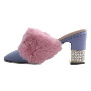 GUCCI ファー付 サテン ビジュー ミュール 39 ピンク ブルー