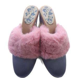 GUCCI ファー付 サテン ビジュー ミュール 39 ピンク ブルー