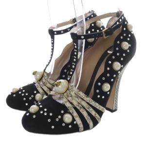 ビジュー パール パイソンヒール パンプス 39.5 ブラック アイボリー 447601