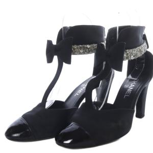 CHANEL パンプス ココマーク リボンモチーフ ビジュー 38.5 ブラック