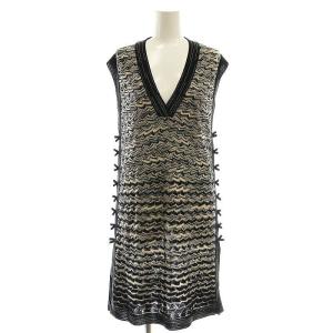 総柄 ストレッチニット Vネック ワンピース ひざ丈 42 ブラック ベージュ /DF OS