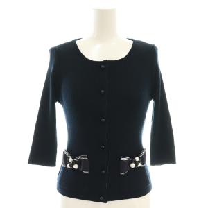 リボン ビジュー  カーディガン リブニット 七分袖 36 紺 ネイビー /CX OS