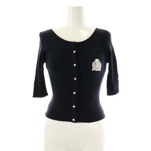 パールボタン ニットカーディガン 五分袖 36 ネイビー ホワイト /ES OS