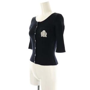 René パールボタン ニットカーディガン 五分袖 36 ネイビー ホワイト /ES OS