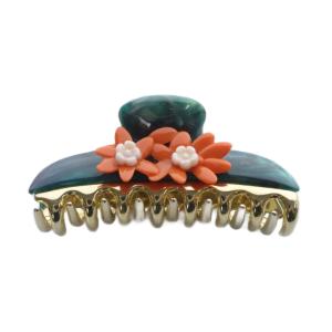 フラワーモチーフ マーブル ヘアクリップ 緑 グリーン ゴールド色 /SR39