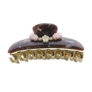 フラワーモチーフ マーブル ヘアクリップ ロゴ 茶 ブラウン /SR15