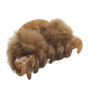 Alexandre De Paris ファー ヘアクリップ 茶 ブラウン /SR13