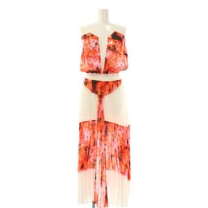 フラワープリントプリーツノースリーブワンピース ロング 42 レッド ホワイト /DF OS