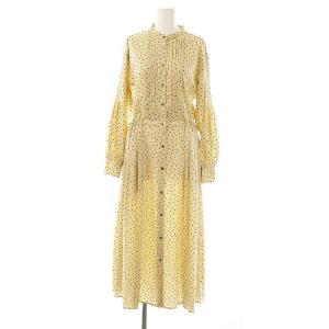 25SS ドット 花柄 バンドカラー サイド プリーツ ワンピース 長袖 ロング M ベージュ 黒 /NR