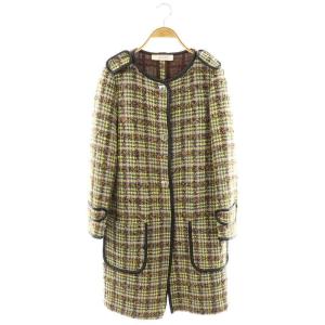 ツイード クルーネック コート ノーカラー 38 紺 黄色 茶 /NR OS