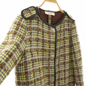 i Blues ツイード クルーネック コート ノーカラー 38 紺 黄色 茶 /NR OS