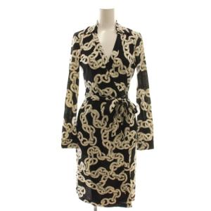 NEW JEANNE TWO チェーン柄 カシュクールワンピース シルク 0 ブラック アイボリー グレー