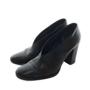 パンプス ブーティ Vカット チャンキーヒール アーモンドトゥ レザー 36.5 23.5cm 黒 ブラック