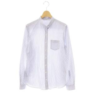 ストライプチビエリシャツ ブラウス 長袖 ブルー ホワイト /DF OS