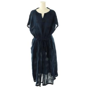 リネンコットン ドット ワンピース ミモレ ロング フレンチスリーブ M 紺 ネイビー /AT OS