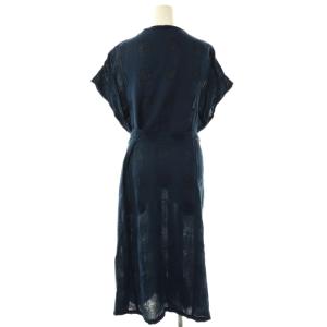plantation リネンコットン ドット ワンピース ミモレ ロング フレンチスリーブ M 紺 ネイビー /AT OS
