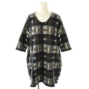 チュニック トップス ウール混 チェック柄 七分袖 M 紺 ネイビー カーキ /AQ OS