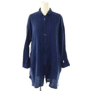 楊柳 長袖 シャツ スタンドカラー M 青 ブルー /AT OS