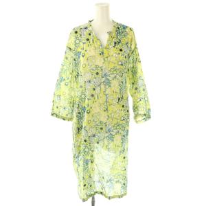 ワンピース 総柄 キーネック 花柄 ミモレロング M 緑 グリーン 黄色 イエロー /AQ OS
