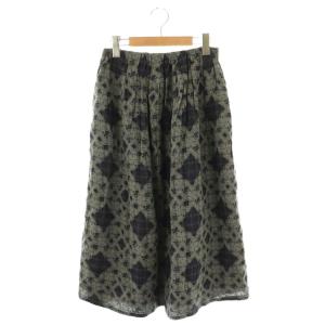 ギャザースカート 総柄 ミモレロング M 紺 ネイビー グレー /AQ OS