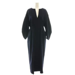 ウール圧縮スムース ウエストシェイプワンピース ロング 38 ネイビー /DF OS