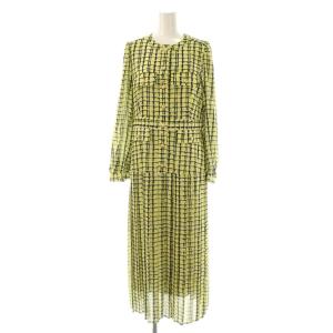 ツイードプリントワンピース 長袖 ロング 38 黄色 濃紺 /NR OS