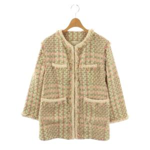 23SS 2WAY ツイードジャケット ラメ ノーカラー 1 ピンク 緑 グリーン /AT OS