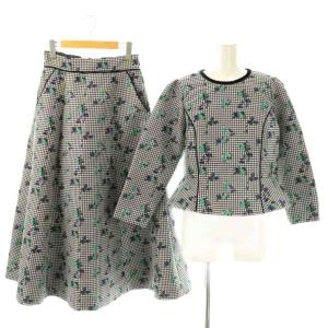フラワーハウンドトゥースセットアップ ブラウス フレアスカート 1 ブラック オフホワイト マルチカラー