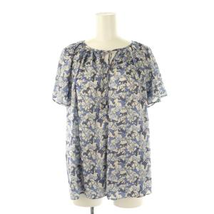 ホースプリントフレアスリーブブラウス 半袖 総柄 36 ベージュ 青 ブルー /AT OS