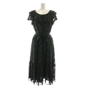 フラワー柄ミモレフレワンピース ロング 半袖 38 黒 ブラック /AT OS