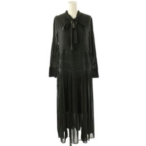 2wayジョーゼットプリーツワンピース マキシ ロング ドット 長袖 0 黒 ブラック /AT OS