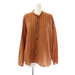 コットン シルク ストライプシャツ 長袖 M 茶 ブラウン /AT OS