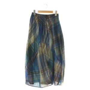 コットン 総柄 パネルスカート ギャザー マキシ ロング M 紺 ネイビー /AT OS