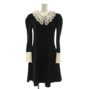 25SS レースカラーフレアワンピース ミニ 長袖 ニット S 黒 ブラック 白 ホワイト /AT OS
