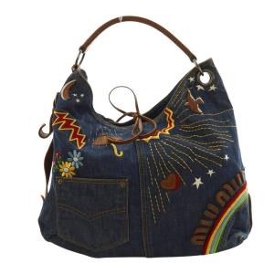 トートバッグ 刺繍 デニム生地 マルチカラー