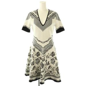 総柄Vネック半袖ニットワンピース 膝丈 38 白 黒 /NR OS